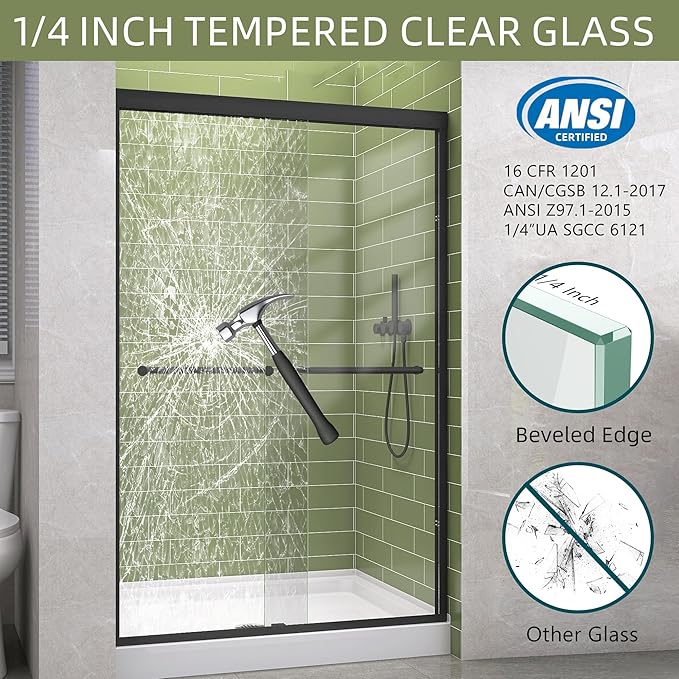 GETPRO Sliding Shower Door 50-54 in. W x 72 in. H Semi-Frameless Bypasss Double Sliding Glass Shower Enclosure,1/4 inch Clear Tempered Glass Door for Walk-in Shower Matte Black