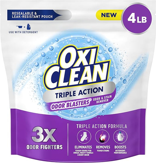 OxiClean Triple Action Odor Blasters, Removes Stains and Eliminates Tough Odors, Stain Remover Powder, Use with Detergent, Color-Safe and Chlorine-Free, 4 Lbs, Pack of 1