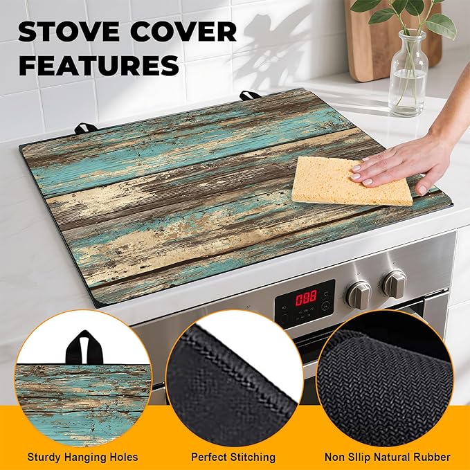 Stove Top Cover for Home Decoration Kitchen Pad Washable Cooktop Covers Countertop Stove Protector Mat for Home Kitchen Cooktops (Blue wood, 28"x20")