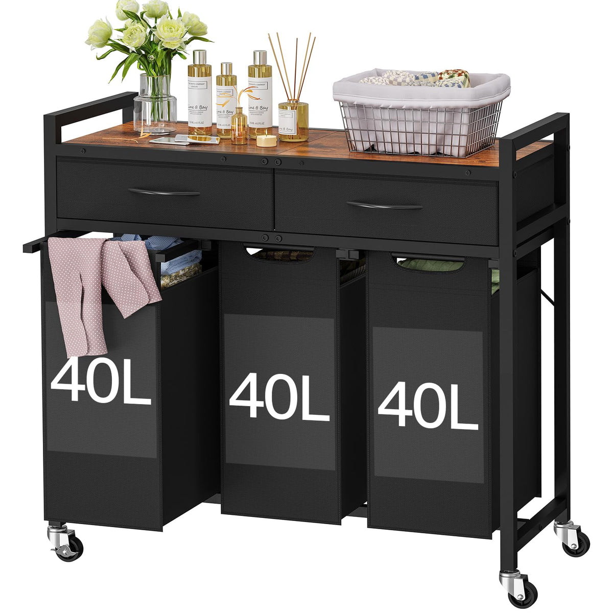 Laundry Sorter 3 Section, 120 L Laundry Hamper with 2 Drawers & - Image 1