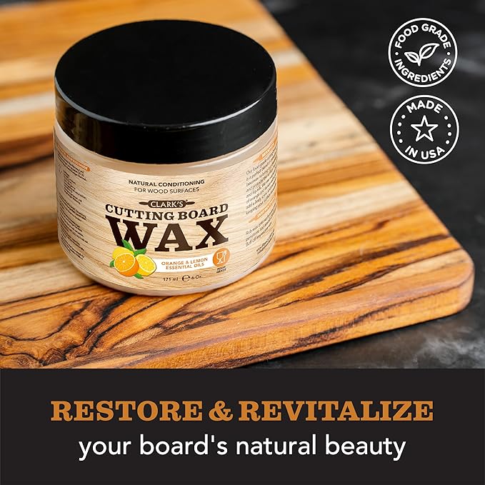 CLARK'S Cutting Board Wax - 2-in-1 Wood Butter & Food Grade Mineral Oil with Beeswax – Butcher Block Conditioner for Cutting Boards – Orange & Lemon Essential Oil Scent – Made in USA, 6oz