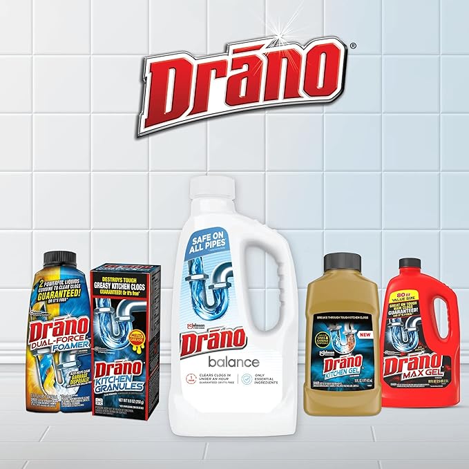 Drano Drain Clog Remover, Non-Corrosive Formula, 32 Fl Oz, Pack of 2 | Safe on All Pipes | Essential Ingredients