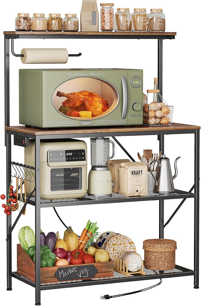 Huuger 4-Tier Bakers Rack with Reversible Power Outlet, 31.5 Inch Microwave Stand with Paper Towel Holder, Kitchen Bar, Larger Storage with Top Shelf, 6 S Hooks, Rustic Brown