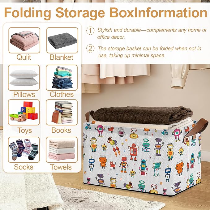 Robot Storage Bin with Handles, Basket Storage Organizer for Shelves, Closet, Nursery, Book, Laundry Hamper & Home Decor