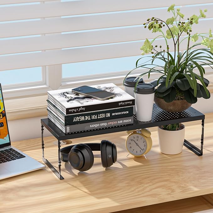 Adjustable Stackable Metal Storage Shelf Organizer - Expandable Wire Rack with Perforations for Kitchen, Pantry, Bathroom, Cabinet & Office-Compact, Durable & Sturdy (1PACK/Medium/Black)