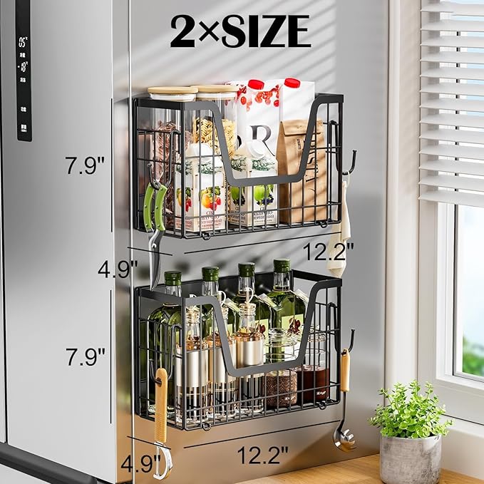 Magnetic Shelf Basket for Refrigerator,Fridge Magnet Shelf Organizer,Side of Fridge Storage Bin,No Assembly Space Saving for Fruits,Veggies,Snacks-2 Pack