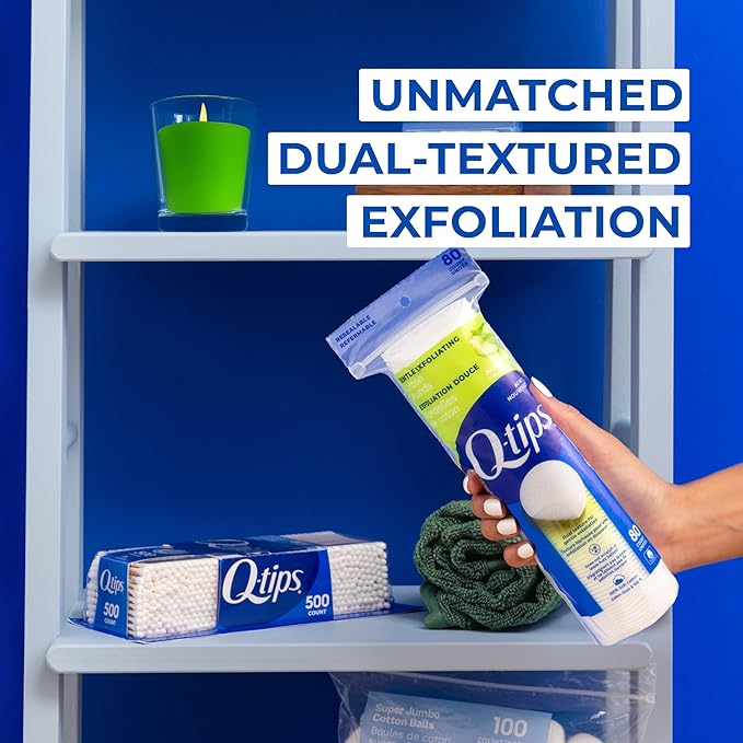 Q-Tips Gentle Exfoliating Cotton Rounds for Face, 100% Cotton, Dual Textured Lint Free Makeup Remover Pads, Cleansing Face Pads for Toner, Nail Polish Remover, Skin Care - 80 Count Per Pack, 6 Pack