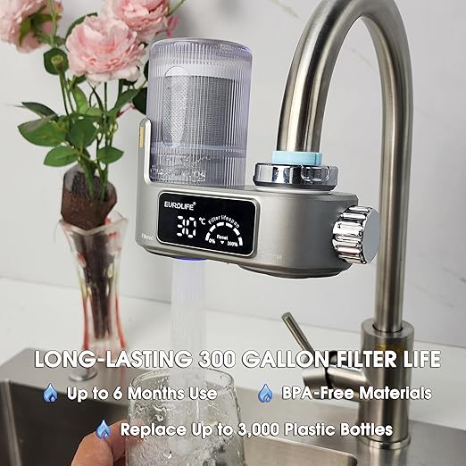 Faucet Mount Water Filter with UV Light & LED Indicator, 8-Stage Carbon Filtration for Clean Drinking Water, Includes 2 Extra Replacement Filters – Model EL-LS-A21 (Gray Color)