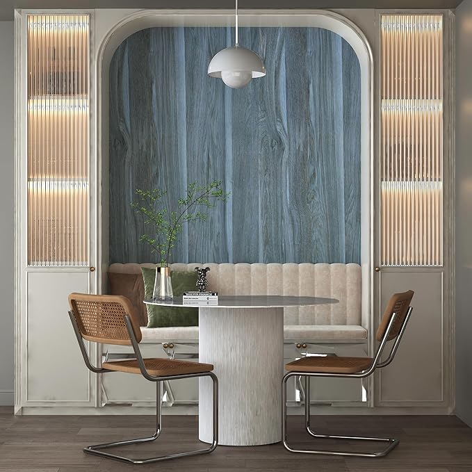 24"x197" Blue Wood Grain Contact Paper for Cabinets Wood Vinyl Wrap Peacock Blue Wallpaper Stick and Peel Countertops Kitchen Cabinet Wallpaper Waterproof Counter Top Covers with Air Guide Slot Design