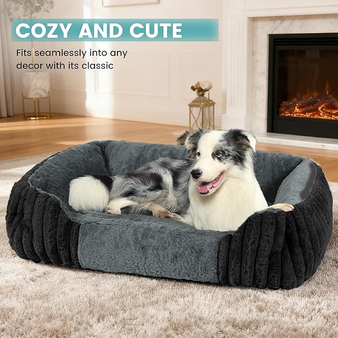 Dog Beds for Large Sized Dogs 35x28 Inch, Comfort-Sided Orthopedic Dog Bed Couch with Breathable Shredded Memory Foam, Faux Rabbit Fur Pet Bed, Non-Detachable, Non-Slip, Machine Washable