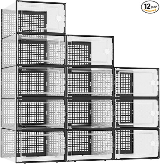 Kuject XX-Large Shoe Storage Boxes Organizers Clear Plastic Stackable 12 Pack, Shoe Rack & Holder Substitute, Sneaker Containers, Shoe Storage Organizer Bins for Closet, Under Bed, Black(No Fold Line)