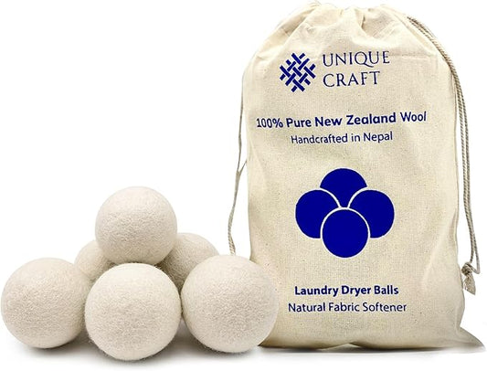 Unique Craft Wool Dryer Balls 6-Pack XL, Premium Organic Fabric Softener, Chemical-Free, Hypoallergenic, Hand-Felted, Reusable, Reduces Wrinkles & Drying Time, Eco-Friendly Alternative to Sheets