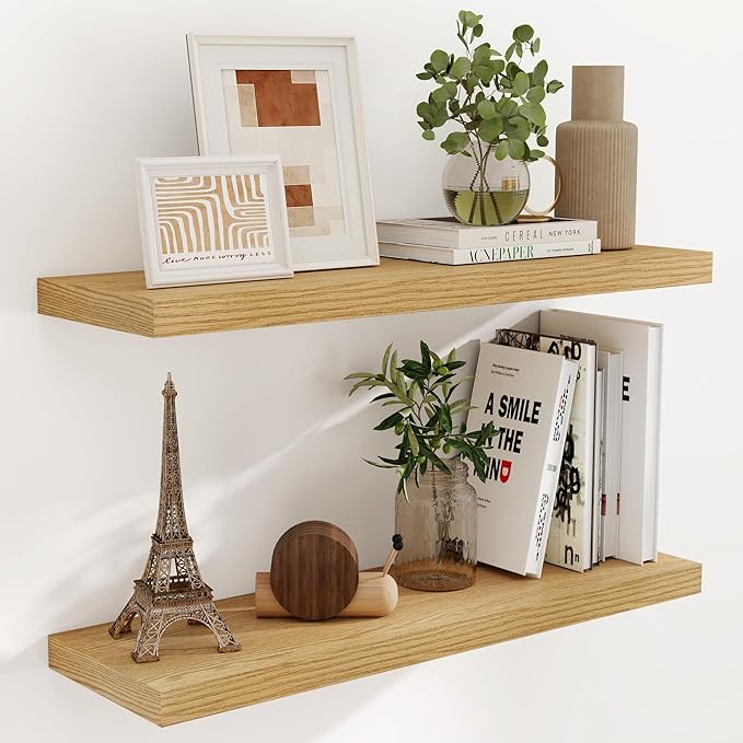 Fun Memories Floating Shelves for Wall, 36 x 9.3 Large Floating Shelf Wall Mounted Set of 2, Rustic Wood Shelves for Bathroom, Kitchen, Living, Heavy-Duty Storage Deep Shelf for Books, Decor, Oak