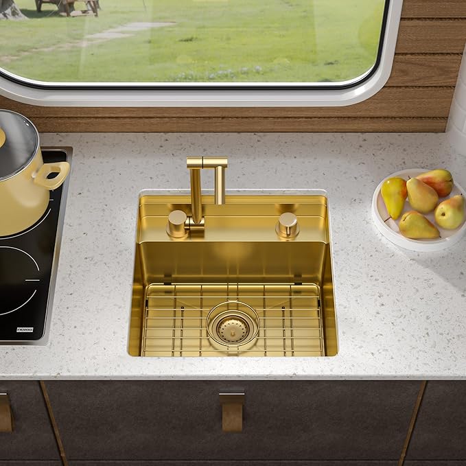 18"x18" Undermount RV Kitchen Sink – 16 Gauge 304 Stainless Steel Brushed Gold NANO-PVD Single Bowl Sink with Foldable Faucet, for RV, Camper, Mobile Home, Wet Bar
