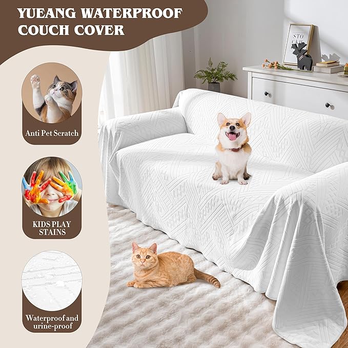 Waterproof Couch Cover, Reversible Washable Anti-Slip Loveseat Sofa Covers with 2 Cushions, Sectional Couch Covers for Pets, Sofa Slipcovers for Dogs Cats, 71x91in/White