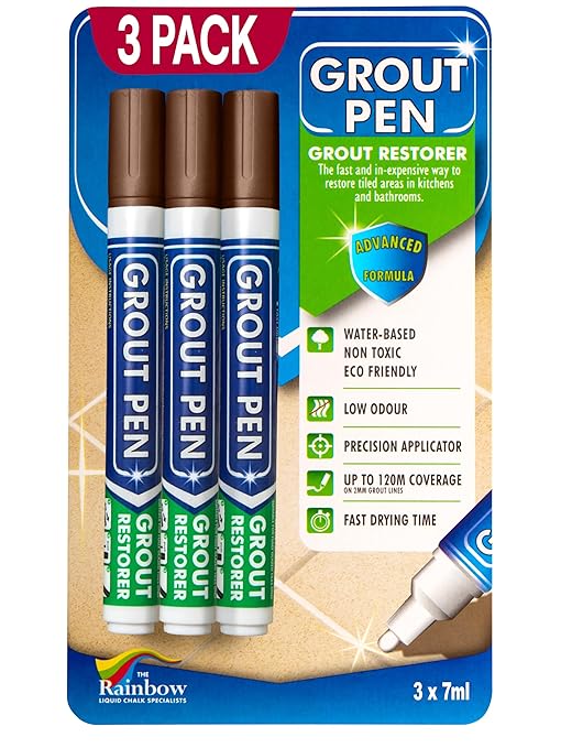 Grout Pen Brown Tile Paint Marker: Waterproof Grout Paint, Tile Grout Colorant and Sealer Pen - Brown, Narrow 5mm Tip (7mL) - 3 Pack