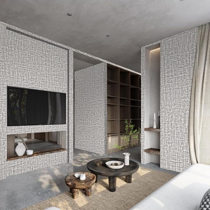 Peel and Stick Wallpaper Grey Grass Cloth Wall Paper - 15.7 x 300 Inch Self Adhesive Wallpaper Peel and Stick, Easy to Paste Wall Contact Paper for Stand Liner, Table and Door Makeover Decor