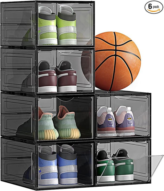 SONGMICS Shoe Boxes, Set of 6, Clear Plastic Shoe Storage, Stackable Sneaker Box, Drop Front Door, Up to US Size 11, Easy Assembly, 13 x 9.8 x 7.1 Inches, Transparent Black ULSP406B01V1