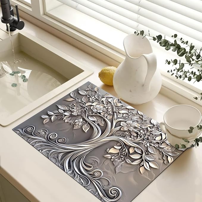 Stove Top Cover 28 x 20 inches Silver Tree of Life Stove Top Covers Pad Glass Flat Top Stove Mat for Kitchen Fit Under Coffee Maker Pot Water Absorbent Mat Diatomite