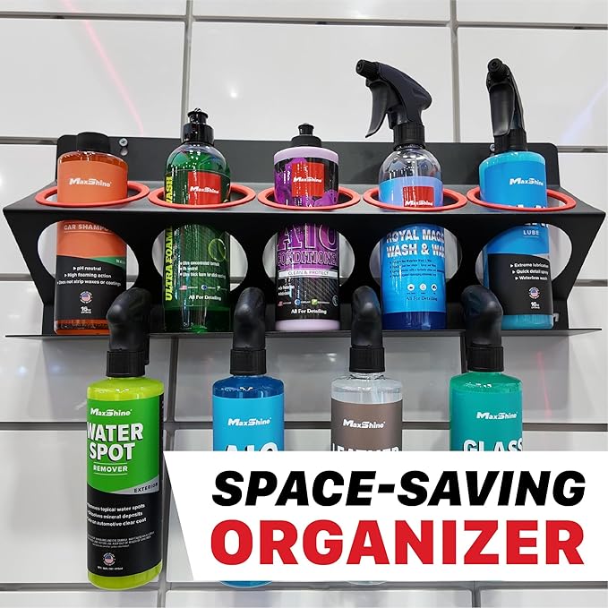 Maxshine Universal Spray Bottle Holder – Holds 4 IK Trigger Sprayers (34oz Bottles) with 3 Small Holes – Sturdy & Lightweight Wall-Mounted Organizer for Detailing Accessories