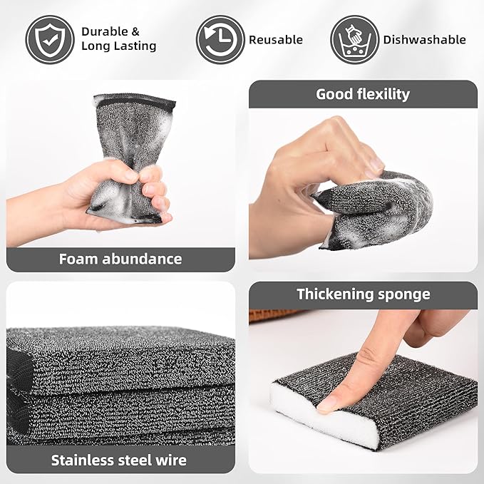 Steel-Wool Dish Sponges Kitchen Scrubbers - 6 Pack Non Scratch Heavy Duty Premium Scrub Sponges，Reusable Multipurpose Metal Cleans for Washing Dishes，Pots and Pans，Household Cleaning，Bathroom（Black）