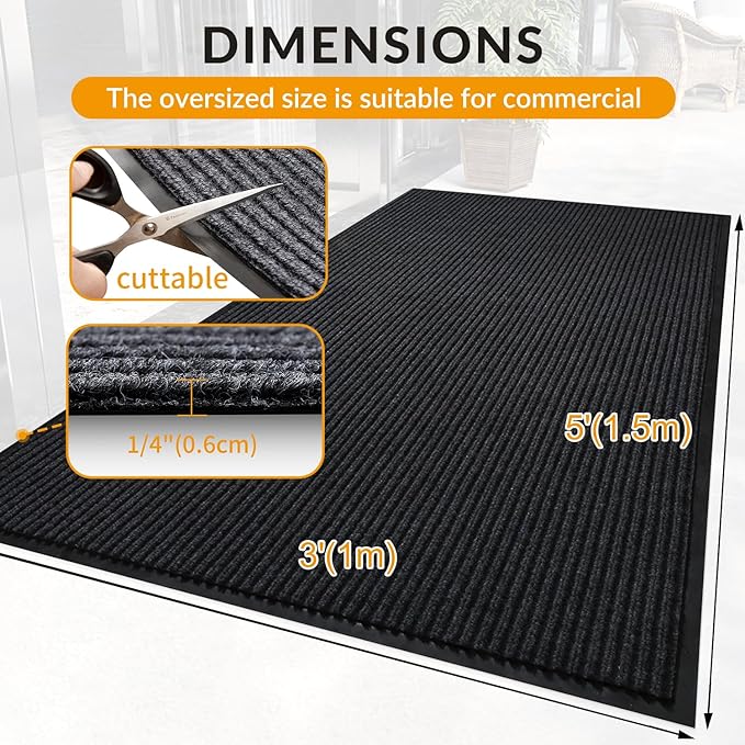 3' x 5' High Traffic Guard Doormat, Commercial Grade Door Floor Mat Striped Brush Step Entrance Mat with Rubber Backing, Low Profile Commercial Rugs for Entryway, Easy to Clean(Jet Black)