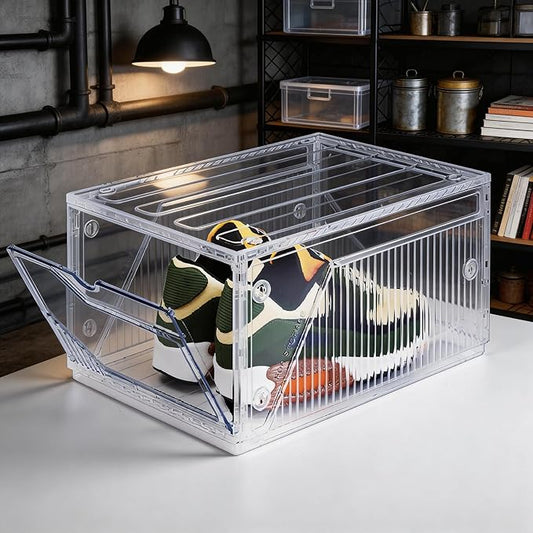 XX-Large Shoe Sneaker Storage Boxes for Size 14, Stackable & Thicken Clear Plastic Shoe Organizers 1Pack for Entryway Closet Under Bed, Shoe Storage Cabinets Container Display Case w/ Magnetic Door