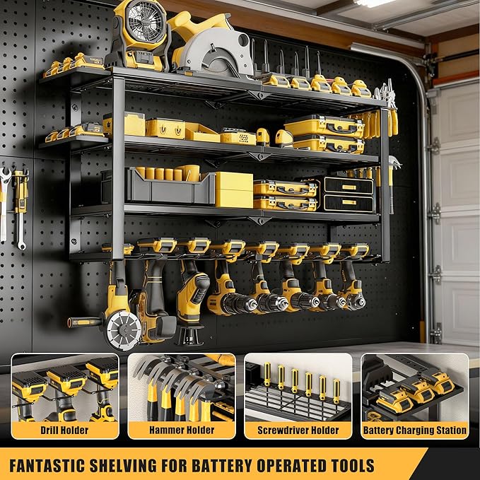 420LB Capacity Power Tool Organizer with Charging Station & 6 Outlets | Quick Assembly 4-Layer Heavy Duty Rack for Drills & Batteries | Ultimate Garage Storage & Christmas Gift for Men