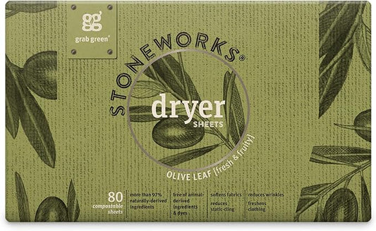 Grab Green Stoneworks Dryer Sheets, 80 Sheets, Olive Leaf Scent, Plant and Mineral Based, Softens Fabrics, Reduces Static-Cling and Wrinkles, Freshens Clothing