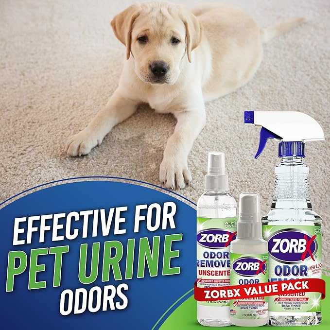 ZORBX Odor Remover Bundle – Includes 16 Oz Fast-Acting Odor Remover Spray, 7.5 Oz Compact-Sized Odor Remover Spray, 2 Oz Travel-Friendly Odor Remover Spray, & 24 Oz M&M Stain and Odor Remover Spray