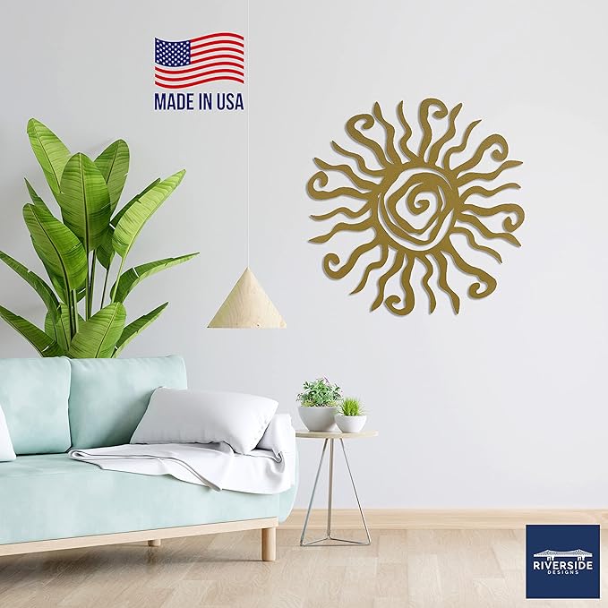 Riverside Designs Wacky Sun Metal Wall Art Indoor/Outdoor Decor - 24" Gold Rust Proof Wall Sculpture - Made in USA - Ideal for Bedroom, Garden, Home, Patio and Farmhouse