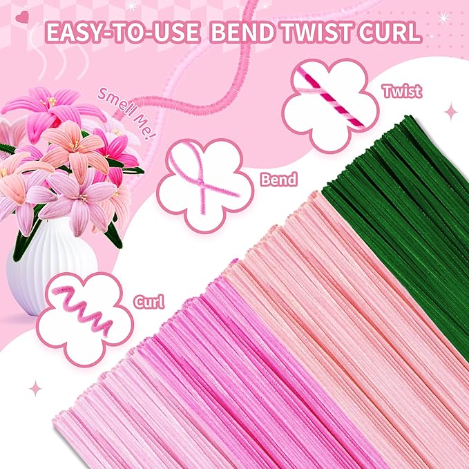 POMBUDS Lily Scented Pipe Cleaner Flower Craft Kit (Pink Theme) – 400 Chenille Stems, 20 Green Floral Stems, 2 Rolls Floral Tape, Yellow Stamens & Instruction Guide for DIY Bouquets and Decorations