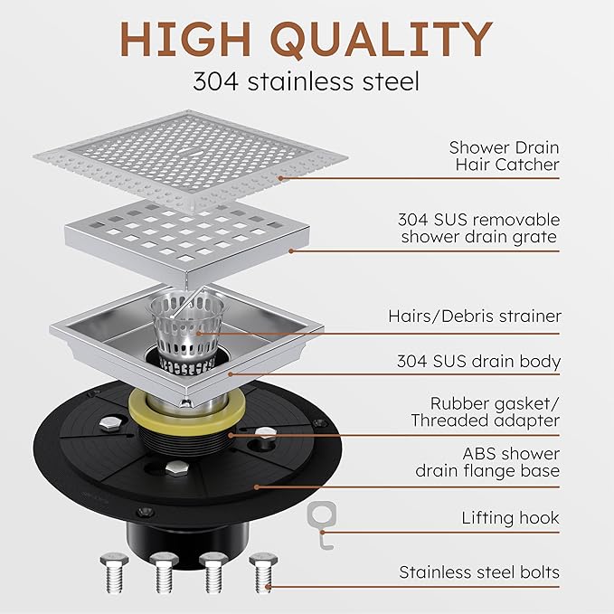 4 Inch Brushed Nickel Square Shower Drain Kit with Flange,Modern Floor Drain with Removable Quadrato Pattern Grate,Stainless Steel SUS 304