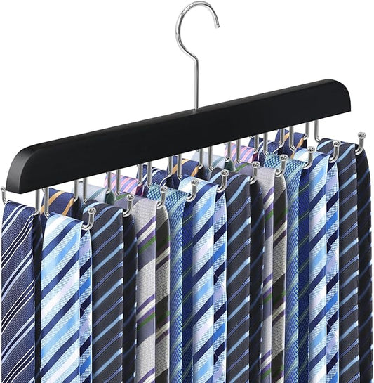 Tie Rack Belt Hanger for Closet Upgraded Non Slip Tie Hanger Space Saving with 20 Foldable Hooks Wooden Belt Tie Organizer for Tank Tops Bras Cami Scarves