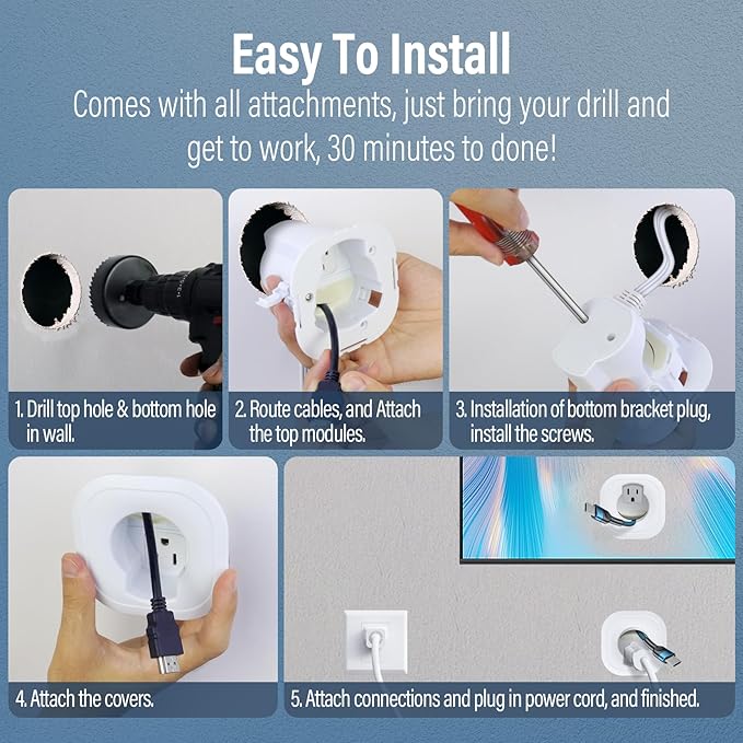 in-Wall Cable Management Kit, TV Cord Hider for Wall Mounted TV, Hide TV Cords for Wall Mount TV, TV Outlet Wall Kit Includes Power & Low Voltage Cable Management with Hole Saw Drill Attachment