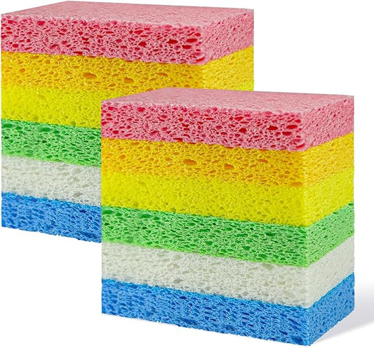 Non-Scratch Kitchen Sponges 12 PCS | Compressed Cellulose Sponges | Natural Biodegradable Sponge for Kitchen Dishes Bathroom Cars | DIY Cut-Outs