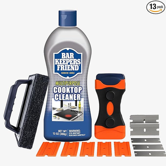 Glass StoveTop Cleaner For Electric Stove Flat Top. Kit Includes Cleaner Liquid, Scraper Tool, & Scrub Brush For Streak-Free Ceramic, Gas, & Induction Stove. Removes Grease, & Oil Stains (13 Items)