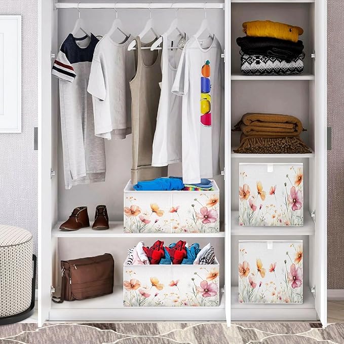 Bolaz Flowers on White Background Closet Organizers Storage Cubes Storage Bins Shelf Baskets Containers for Home Room Office,Square