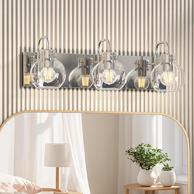 3-Light Bathroom Light Fixtures, Brushed Nickel Vanity Light, Modern Wall Lights with Clear Glass Shade, Bathroom Wall Lamp for Mirror Kitchen, Bedroom, Hallway,Living Room
