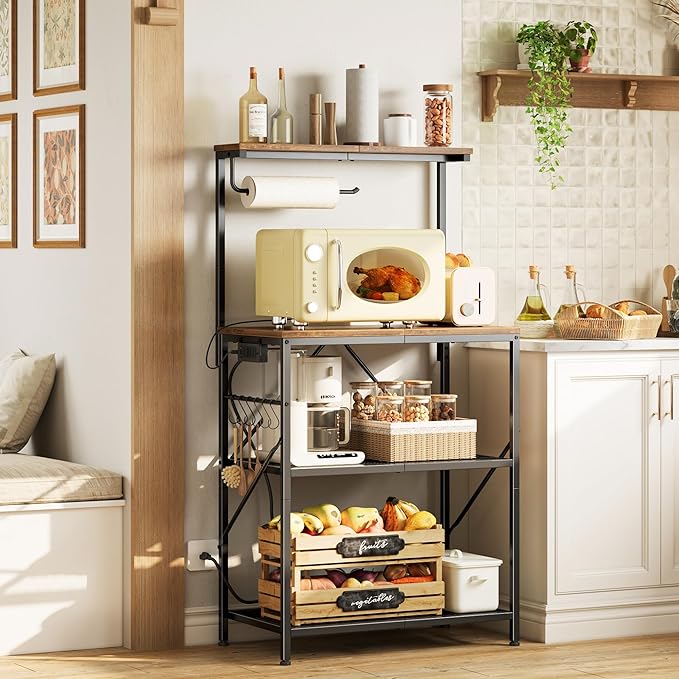 Huuger 4-Tier Bakers Rack with Reversible Power Outlet, 23.6 Inch Microwave Stand with Paper Towel Holder, Kitchen Bar, Larger Storage with Top Shelf, 6 S Hooks, Rustic Brown