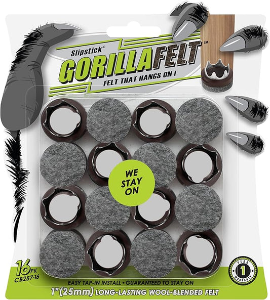 GorillaFelt Chair Leg Floor Protectors/Felt Chair Glides (Set of 16) Tap-On Felt Furniture Pads Guaranteed to Stay On, 1 Inch Round Chair Sliders