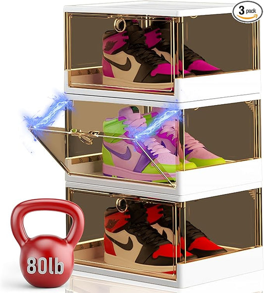 Thicken & Sturdy Clear Shoe Boxes with Magnetic Door, 3 Pack Stackable Multi-functional Shoe Storage, Shoe Organizer for Closet, Space Saving, 360 ° Dustproof & Moisture-proof, Fits Up to US Size 13