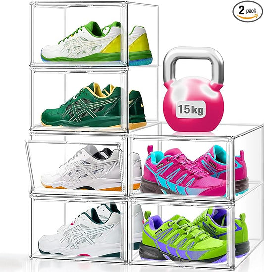 2 Pack Acrylic Clear Shoe Storage Boxes Size 12, Transparent Display Case for Sneaker Collections, Baseball Caps, Hat Organizer Dust-free Shoe Cubbies Stackable Sneaker Boxes