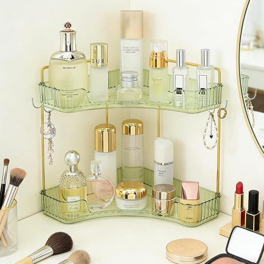 2-Tier Corner Bathroom Organizer Countertop with Hooks, Bathroom Sink Corner Vanity Storage for Makeup, Skincare and Perfume (Green Gold)