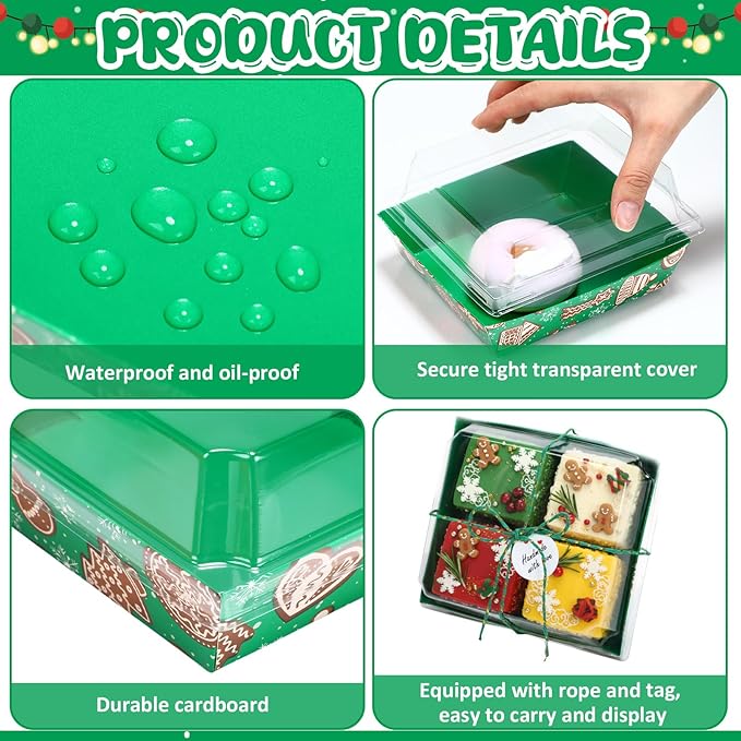 Outus 100 Pack Charcuterie Boxes with Clear Lids, 5.7 x 5.1 '', Mother 's Day Back to School Paper Food Containers Cake Take out Bakery Boxes with Gift Tags Rope for Desserts(Green,Brown,Christmas)