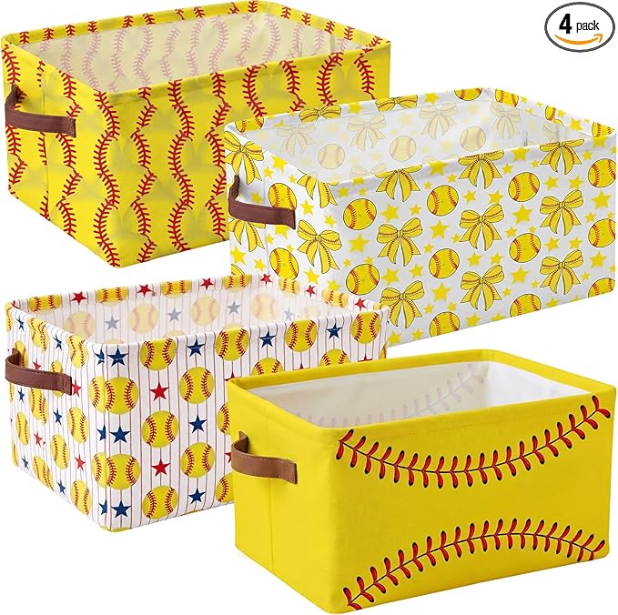 Boao 4 Pack Softball Storage Baskets for Gifts Empty Collapsible Laundry Storage Bins with Handles Foldable Boxes for Home Bedroom Office Holiday Toy Clothes Containers
