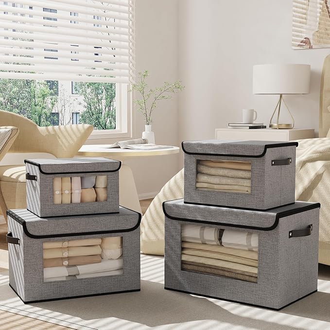 Fabric Storage Bin with Lid, Storage Box with Handles, 10.2 x 7.8 x 6.7 Inch Closet Organizer for Shelves Organization, Gray, 1-Pack