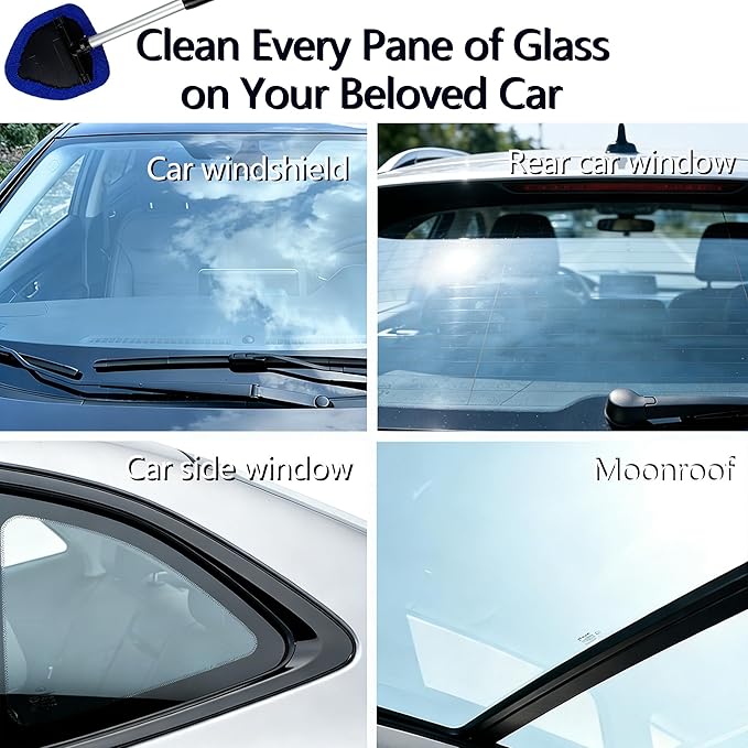 Microfiber Car Windshield Cleaning Tool with Extendable Handle,Car Defogging Glass Cleaning Brush with 4 Reusable Microfiber Pads 1 Spray Bottle and 1 Car Dust Removal Brush. (Blue)
