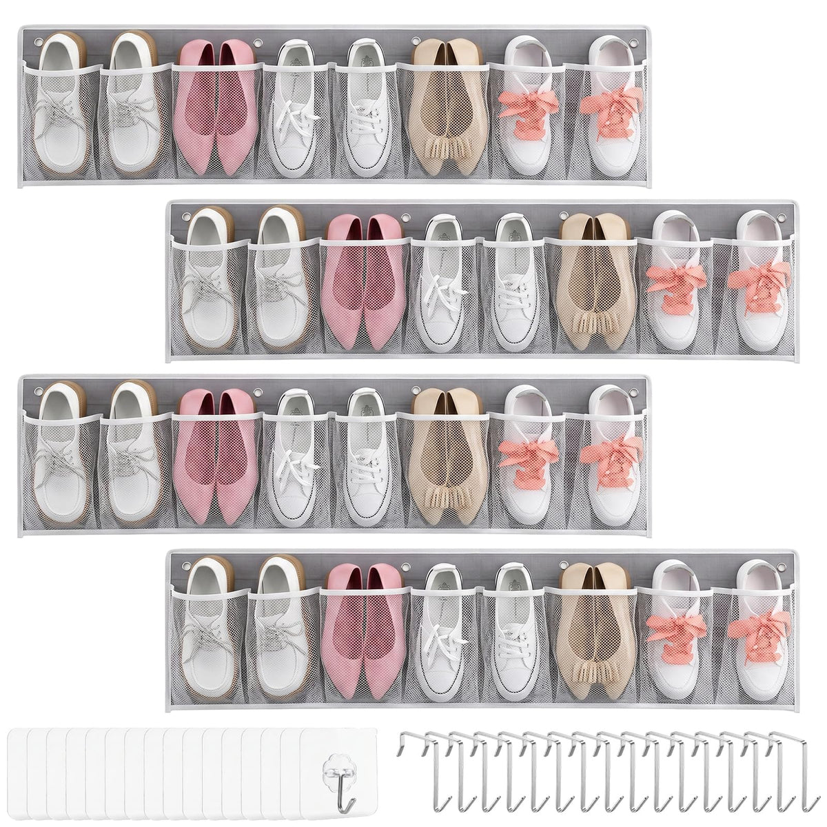 4 Pack Hanging Shoe Organizer with 32 Large Mesh Pockets - Image 1