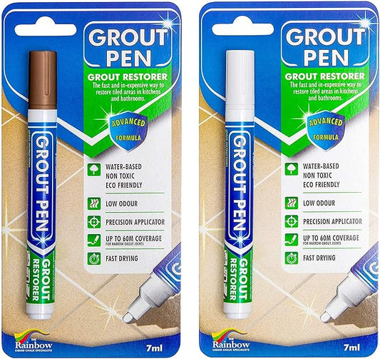 Grout Pen Tile Paint Marker: Waterproof Grout Colorant and Sealer Pen to Renew, Repair, and Refresh Tile Grout - Cleaner Coating Stain Pens - 2 Pack, 5mm Narrow Brown and 5mm Narrow White Tip